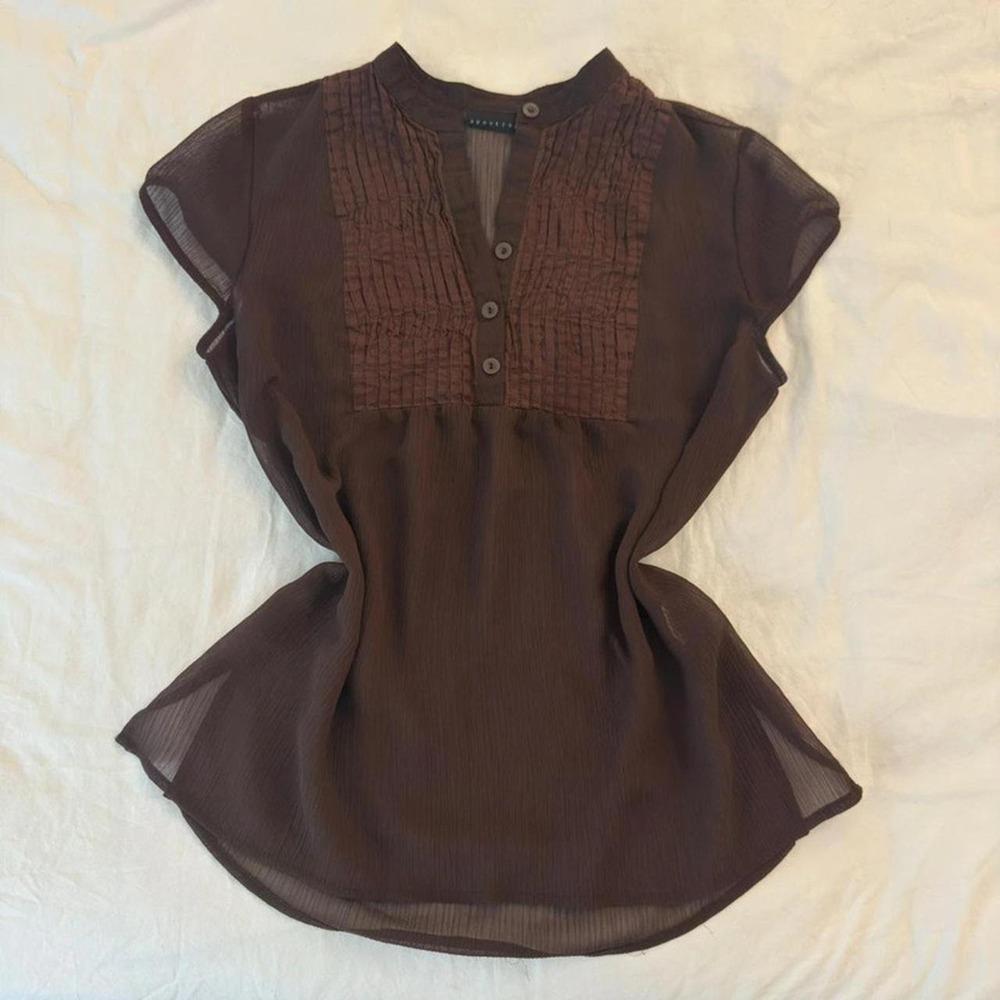 Brown sheer y2k blouse with ruffles and buttons